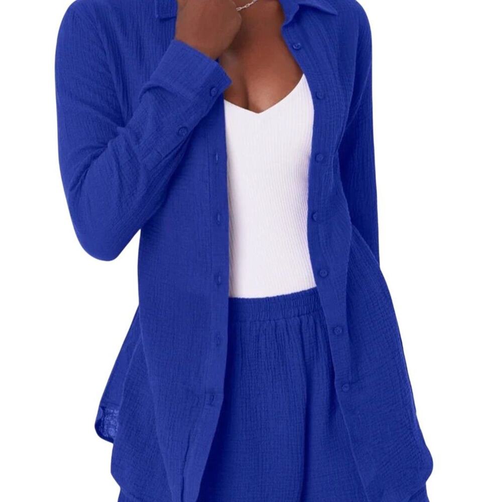 New Andie Swim Women's Mazarine Blue Button-Up Corvo Cotton Gauze Shirt Large